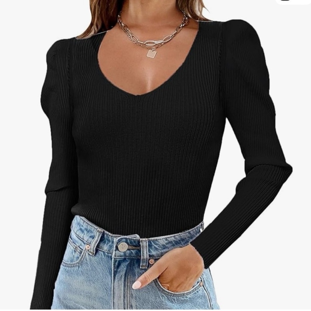 Black Ribbed Women's Puff Sleeve Bodyy - Picture 1 of 1